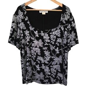 Vintage Slinky Metallic Silver Floral Square Neck T-Shirt Plus Size‎ 2X